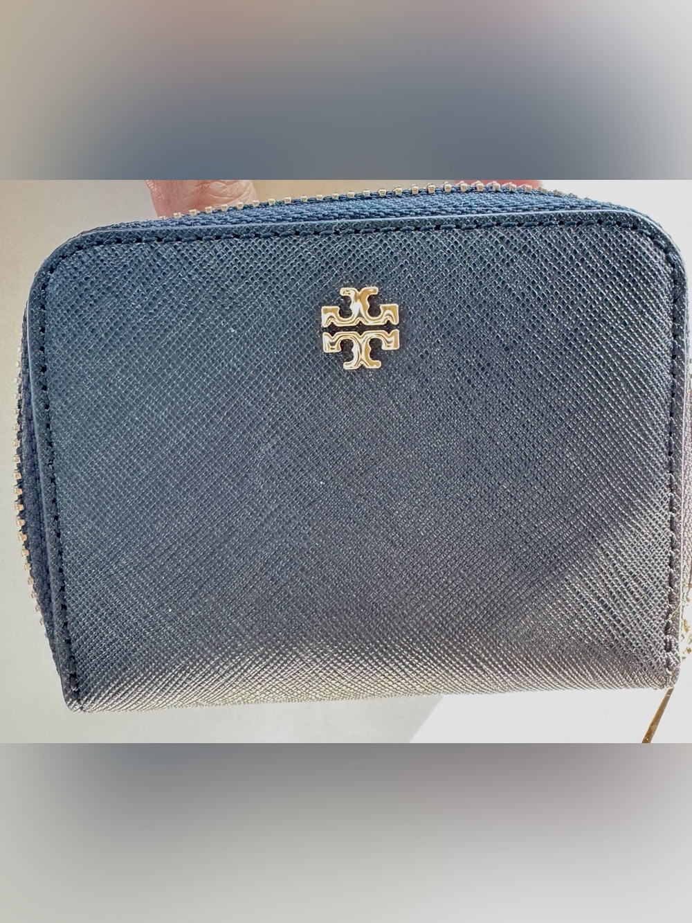 Tory Burch Navy Saffiano Zip Wallet with Gold Logo